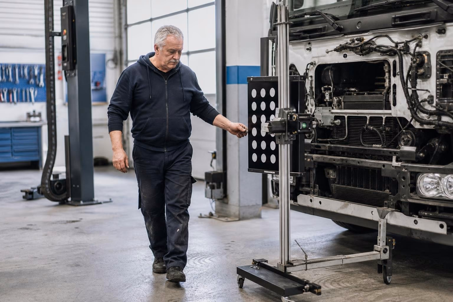 Mechaniker kalibriert Lkw-Frontkamera an Hebebühne mit Sensor vor fahrerhausnahem Kalibrier-Target.