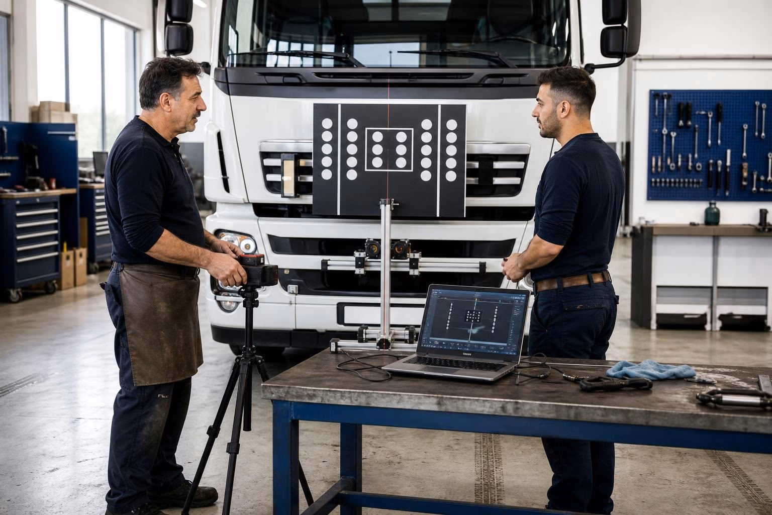 Mechaniker Thomas kalibriert Lkw-Frontkamera mit Sensor und Diagnosegerät auf Hebebühne.