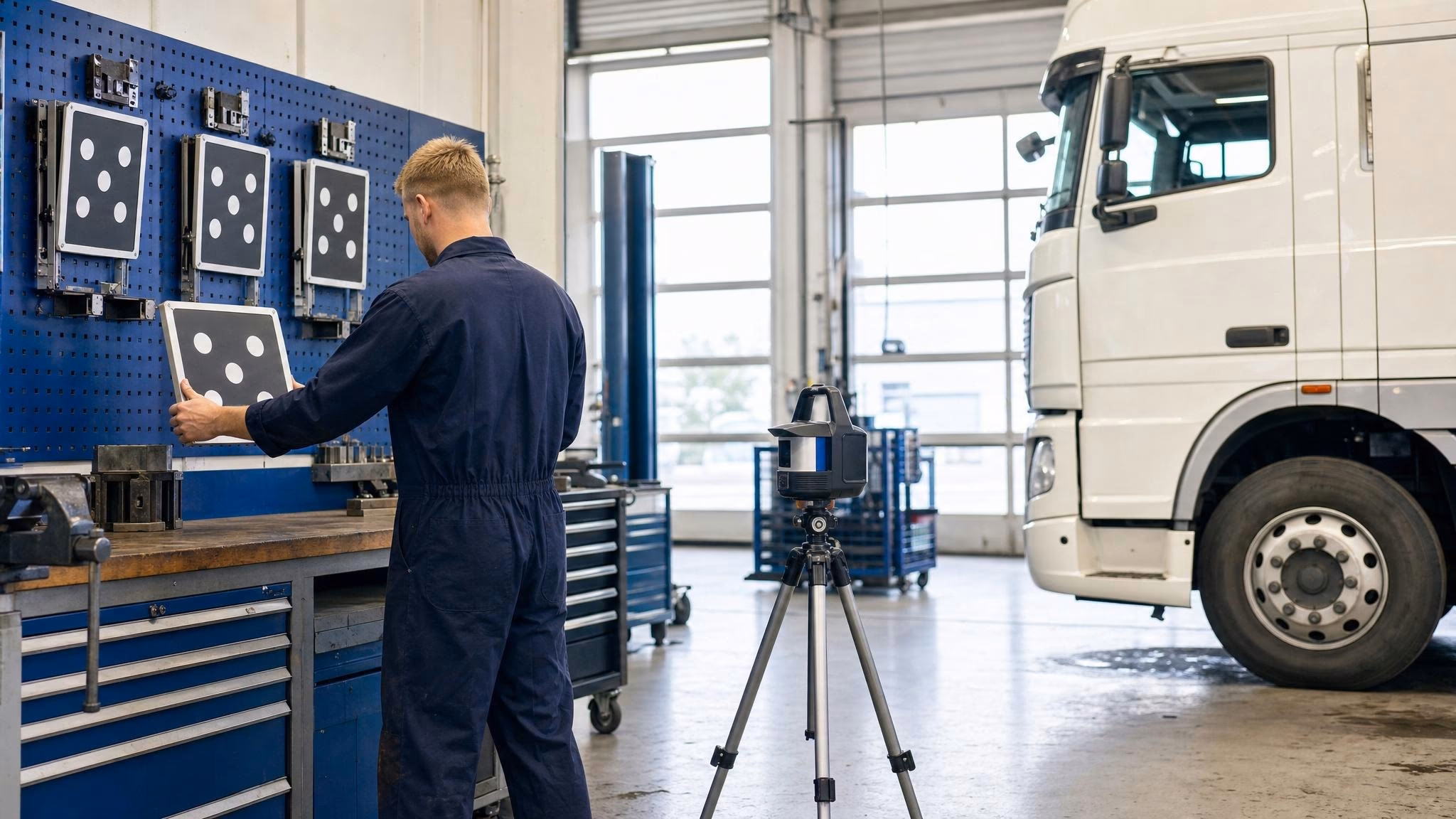 Mechaniker greift nach Kalibrier-Target-Board an Werkzeugwand in beleuchteter Werkstatt für ADAS-Kalibrierung.
