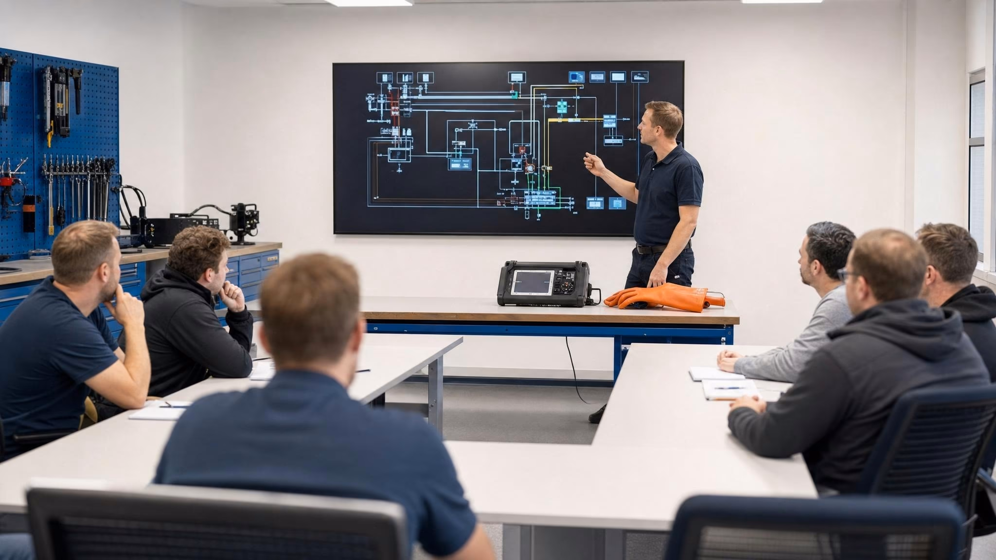 Schulungsraum der Formación Itinerante in Portugal: rund sechs Teilnehmer sitzen an U-förmigen Tischen, ein Trainer am Whiteboard mit Schaltplan-Visualisierung.