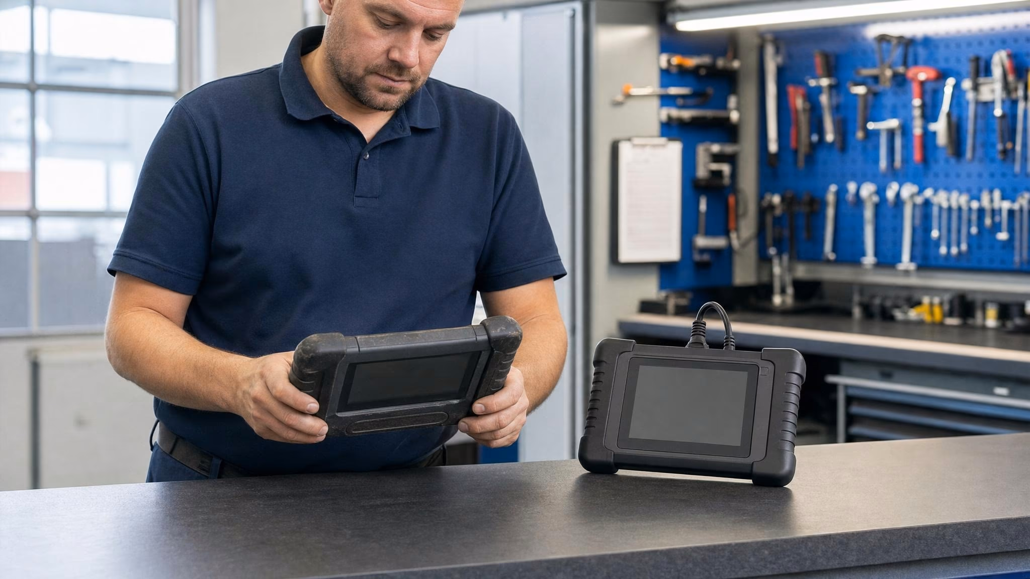 Service-Counter mit zwei Diagnose-Tablets nebeneinander — älteres Gerät links, neueres Modell rechts; Hände eines Service-Advisors prüfen das ältere Modell.