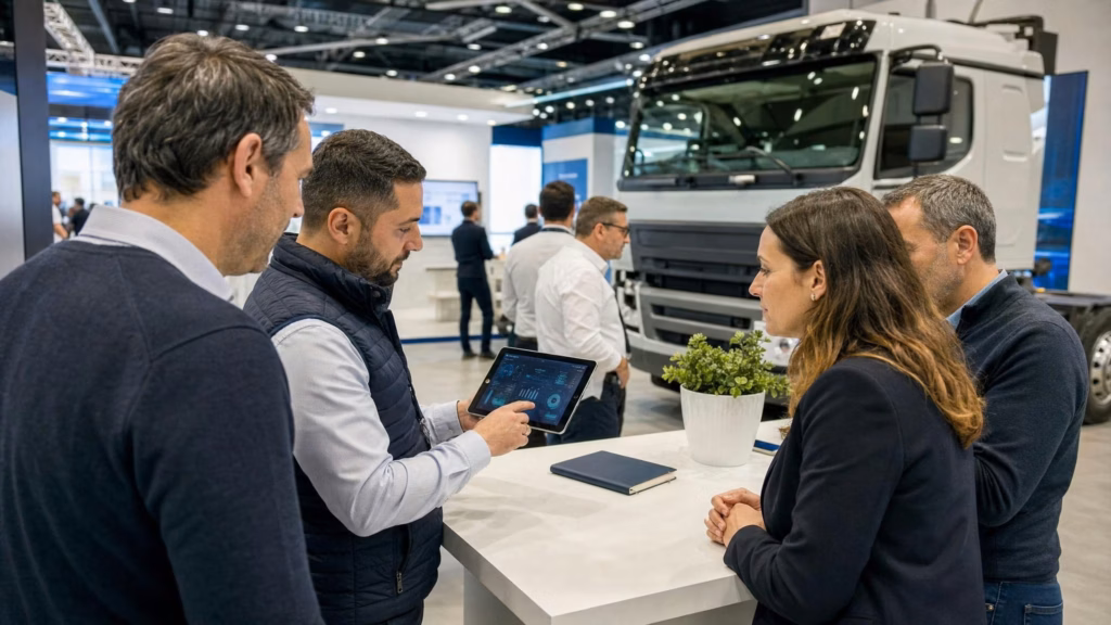 Alltrucks-Stand auf der Motortec 2025 in Madrid: Werkstatt-Fachbesucher am Counter mit Diagnose-Tablets, im Hintergrund eine Lkw-Cabover.