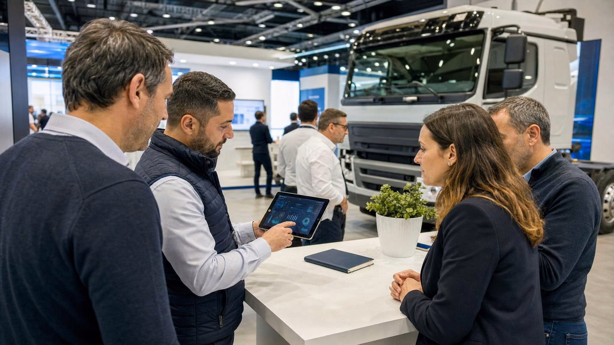 Dirbtinio intelekto sukurta iliustracija, vaizduojanti „Motortec 2025“ parodos stendą Madride: lankytojai prie informacinio stalo su diagnostiniais planšetiniais kompiuteriais, o už jų – sunkvežimis.