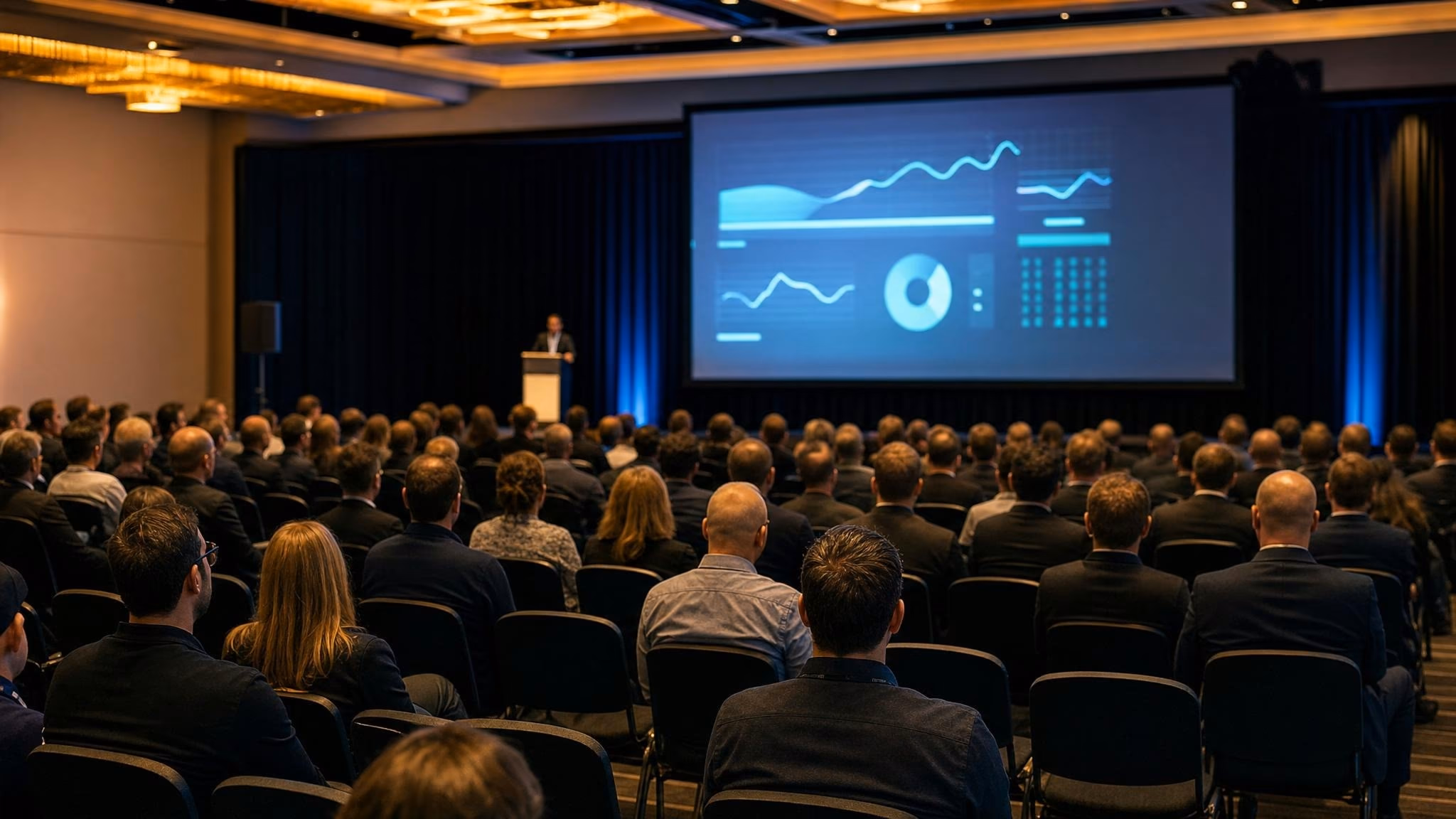 Partner-Event Spanien Mai 2025: rund vierzig Werkstattinhaber sitzen in einem mittelgroßen Auditorium, Blick zur Bühne mit Sprecher und Präsentationsleinwand.