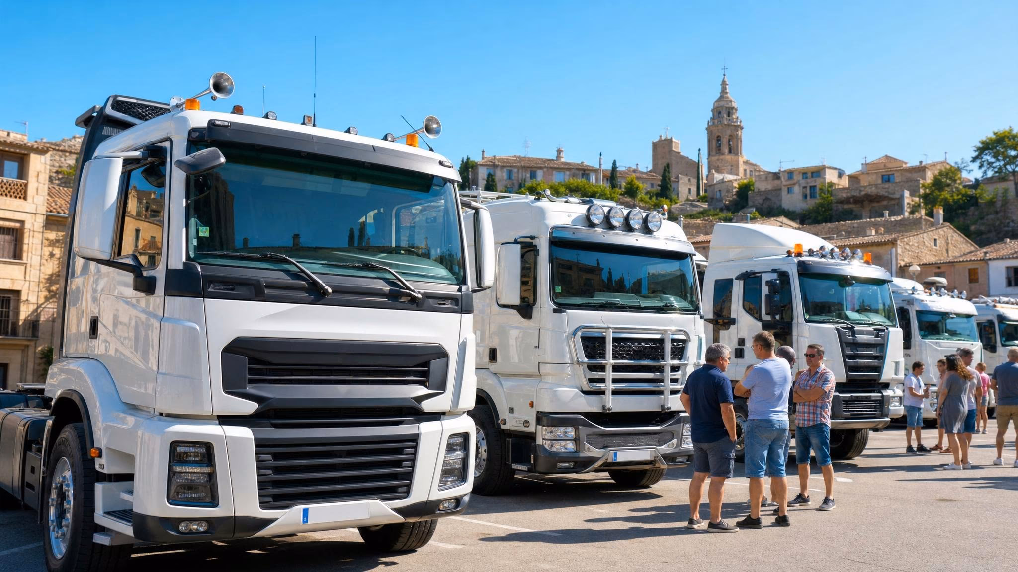 Lkw-Wallfahrt San Cristóbal in Olot: mehrere Sattelzüge stehen nebeneinander auf einem Dorfplatz unter klarem Himmel, ein paar Besucher unterhalten sich.