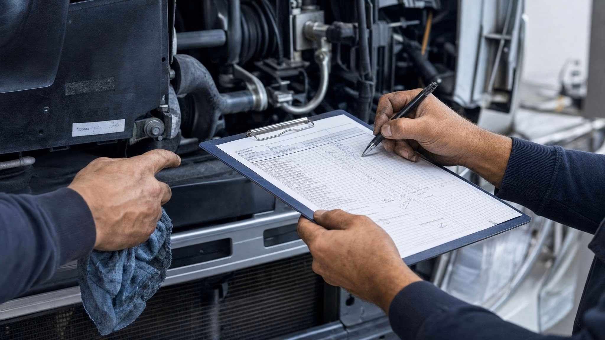 Mechaniker inspiziert Lkw-Motorraum mit Klemmbrett in der Hand.