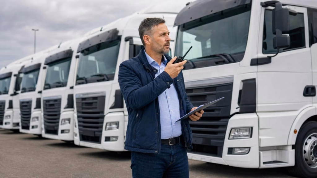 Flottenmanager mit Funkgerät und Klemmbrett auf dem Hof zwischen Lkw, Halbprofil