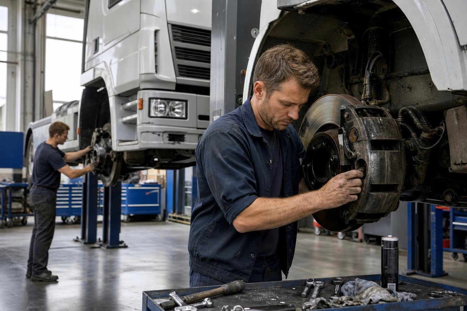Mechaniker justiert Bremsscheibe auf Hebebühne, parallel arbeitet Kollege an zweiter Achse.