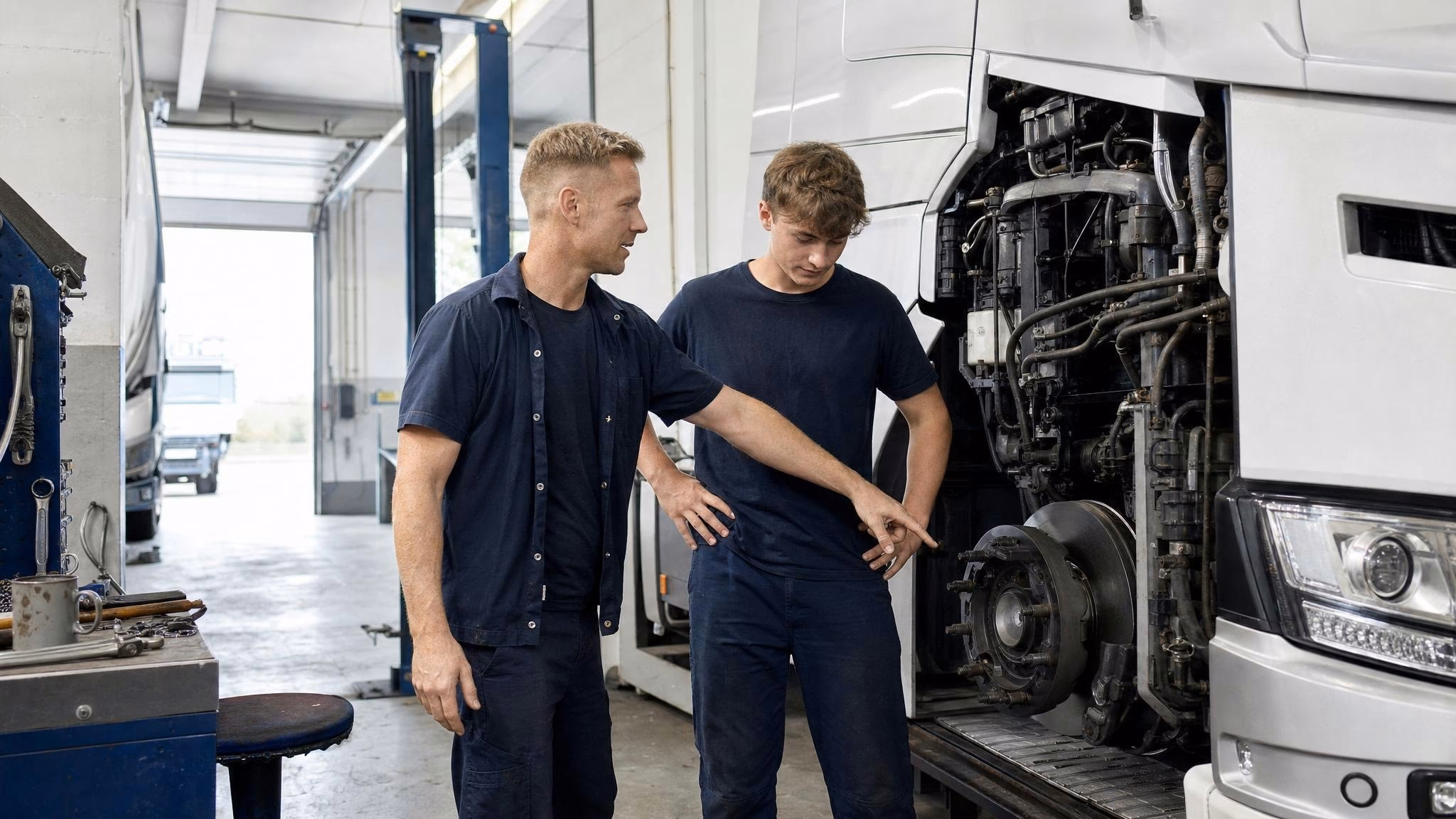 Mechaniker erklärt auszubildenden die Achsbaugruppe an einem Lkw auf der Hebebühne in der Werkstatt.
