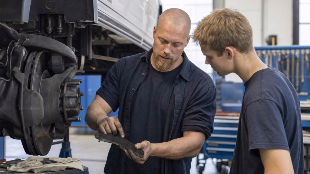 Erfahrener Ausbilder demonstriert einem auszubildenden Mechaniker die Bremsanlage-Diagnose an einer