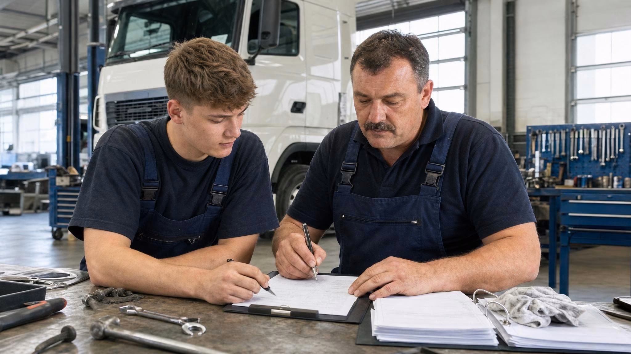 Auszubildender Mechaniker sitzt mit Ausbilder an Werkbank, bearbeitet Service-Ticket auf Klemmbrett in