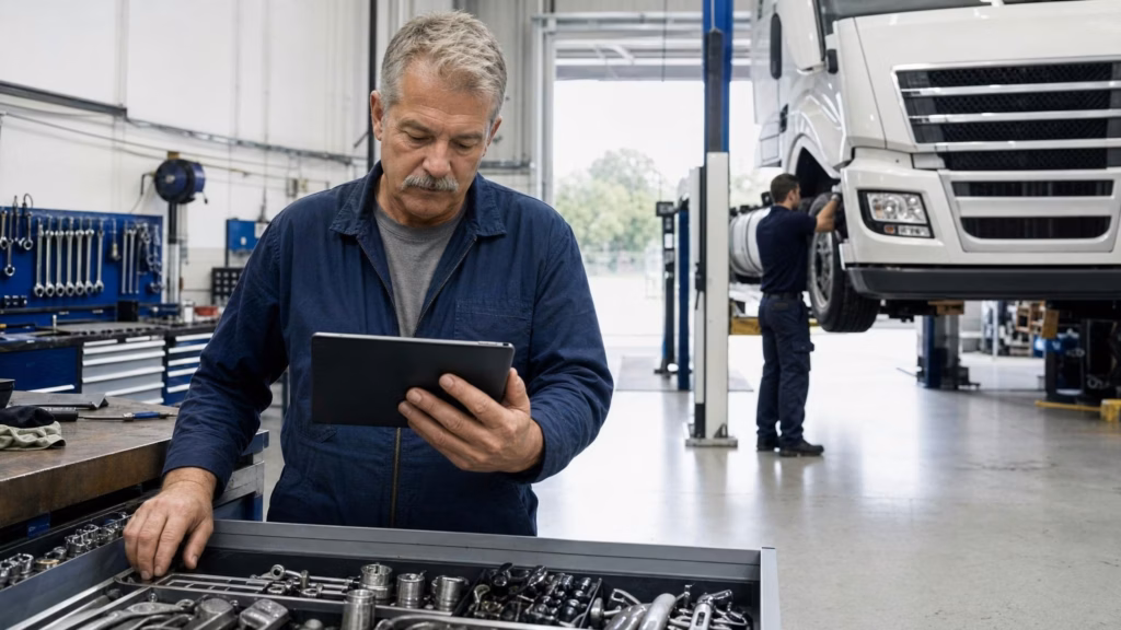 Werkstattleiter prüft Rechnung auf Deckungsbeitrag je Reparaturauftrag auf Tablet in der Lkw-Werkstatt.