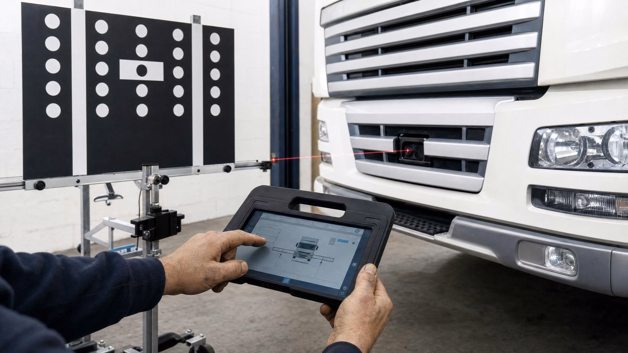 Mechaniker kalibriert ADAS-System an Lkw-Fahrerhaus mit Diagnosegerät und Target-Board in Werkstatt.