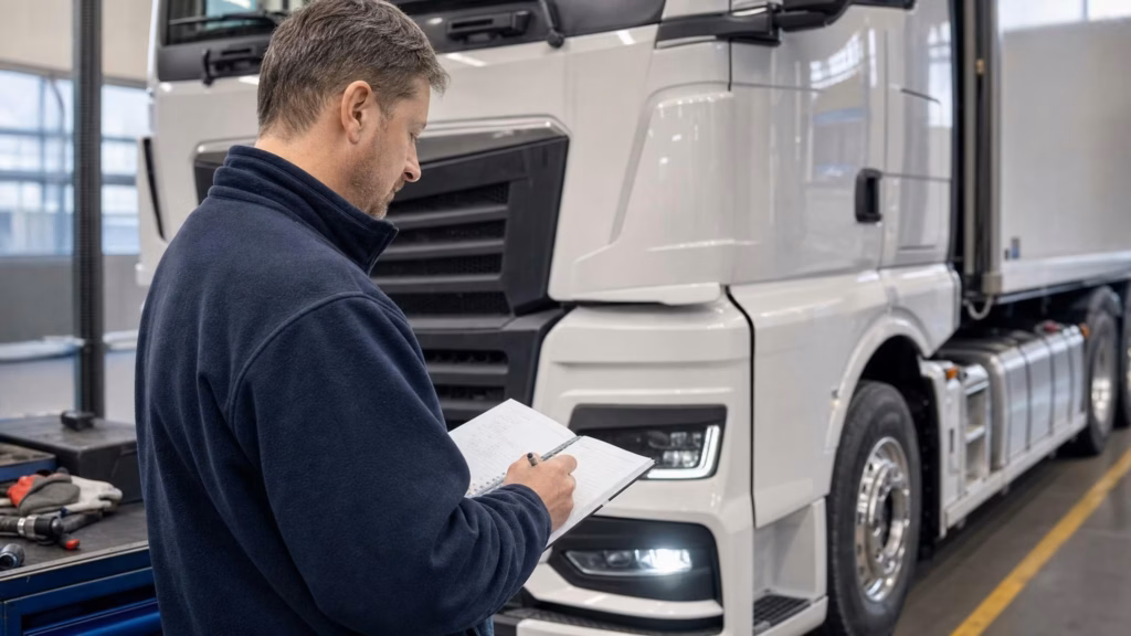 Werkstattmeister im Halbprofil schreibt mit Stift einen Eintrag ins Wartungsheft am fertig reparierten Lkw