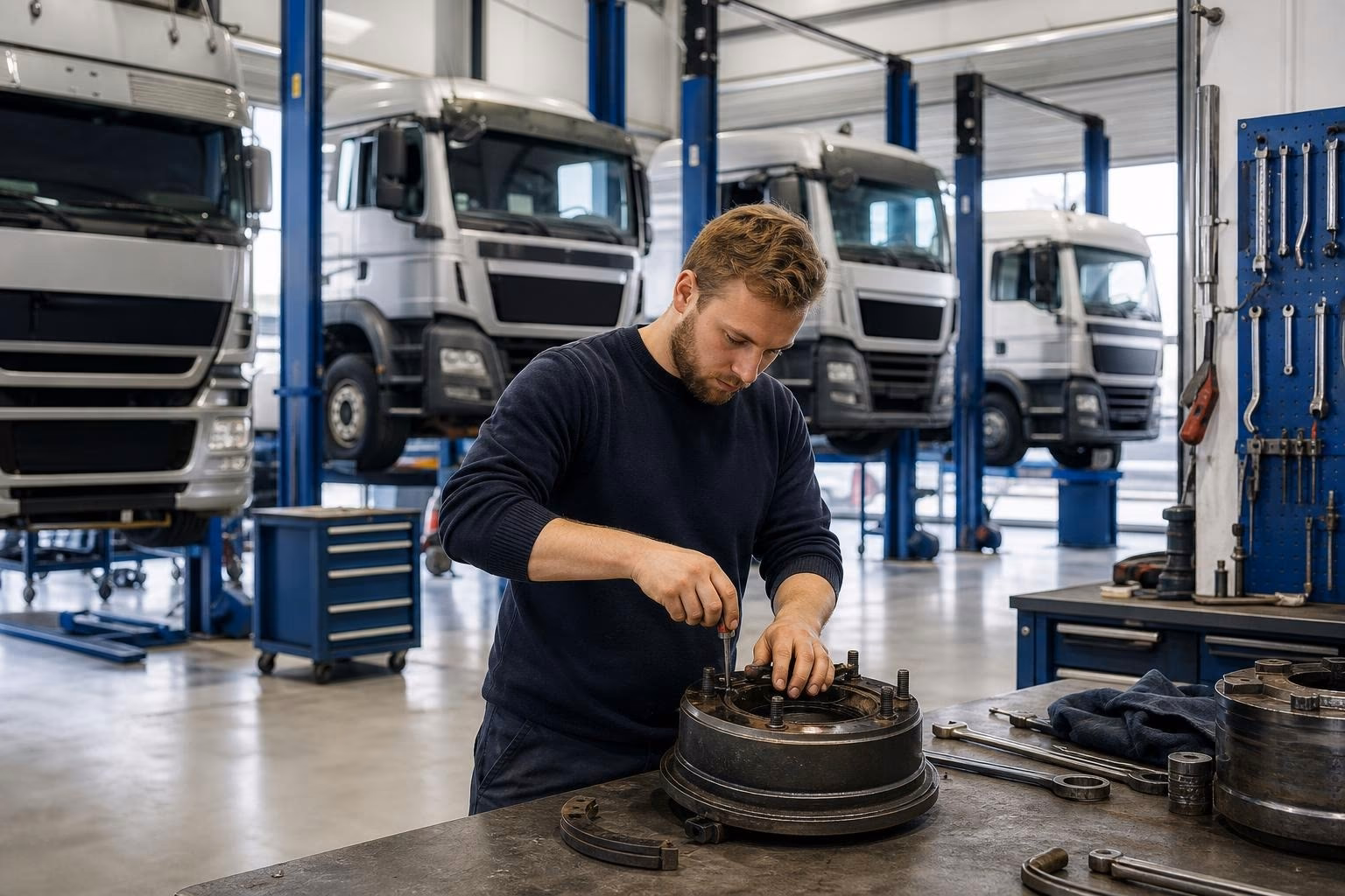 Mechaniker schraubt an einer Bremstrommel in der hellen Werkhalle, während drei Lkw auf Hebebühnen wartend