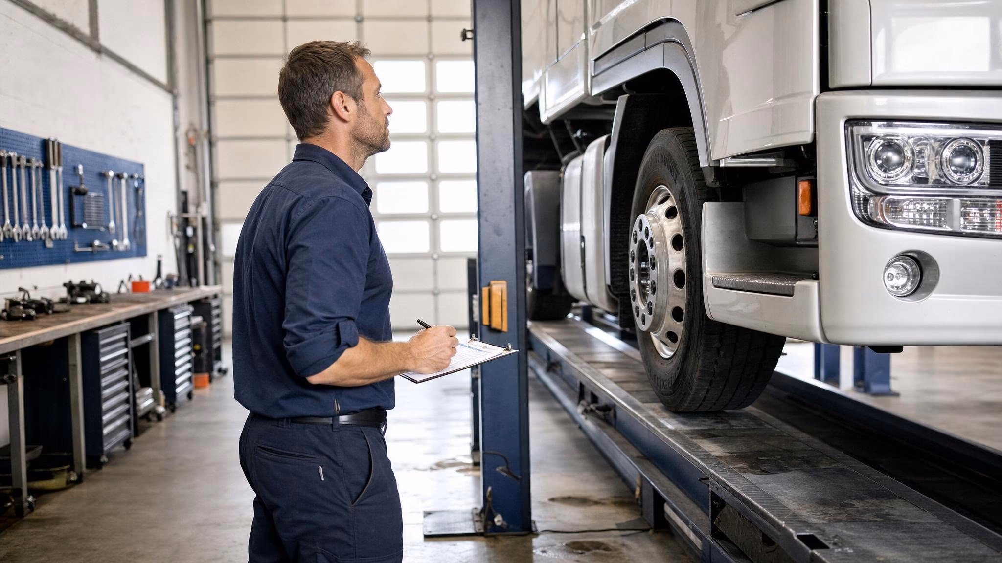 Mechaniker überprüfen Reifen und notieren Daten an einem Lkw auf einer Hebebühne in einer Werkstatt.