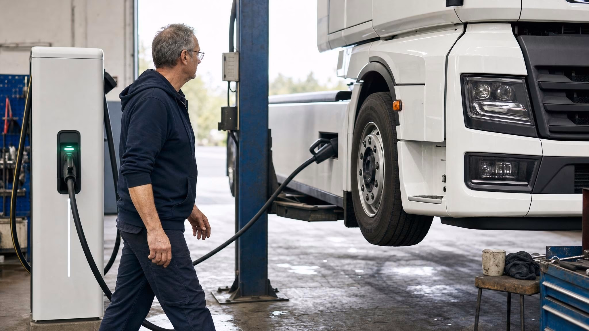 Mechaniker überwacht Ladevorgang an DC-Ladesäule in der werkhalle, während ein E-Lkw seine Batterie auflädt.