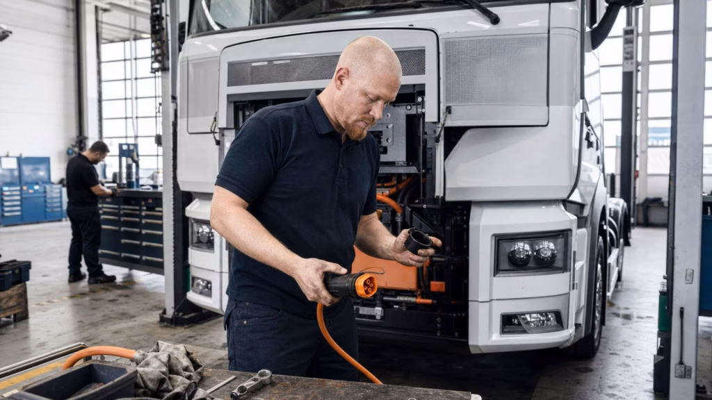 NFZ-Techniker vor Hebebühne mit vollelektrischem Lkw bereitet Hochvolt-Stecker vor, während er