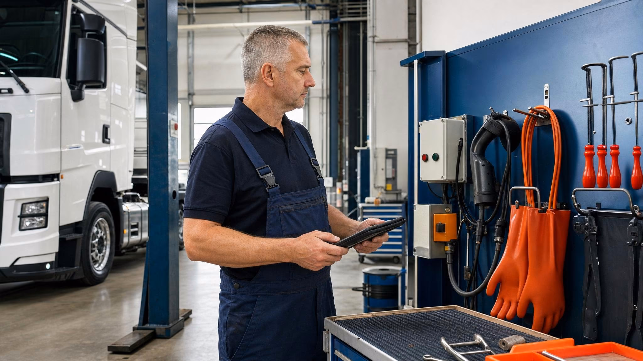 Werkstattmeister Michael steht vor einer neuen HV-Ausrüstung an der Werkzeugwand in der Alltrucks-Werkstatt.