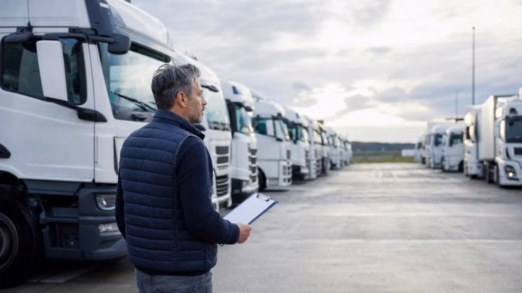 Flottenmanager im Halbprofil zwischen geparkten Lkw-Reihen auf dem Hof, Klemmbrett in der Hand