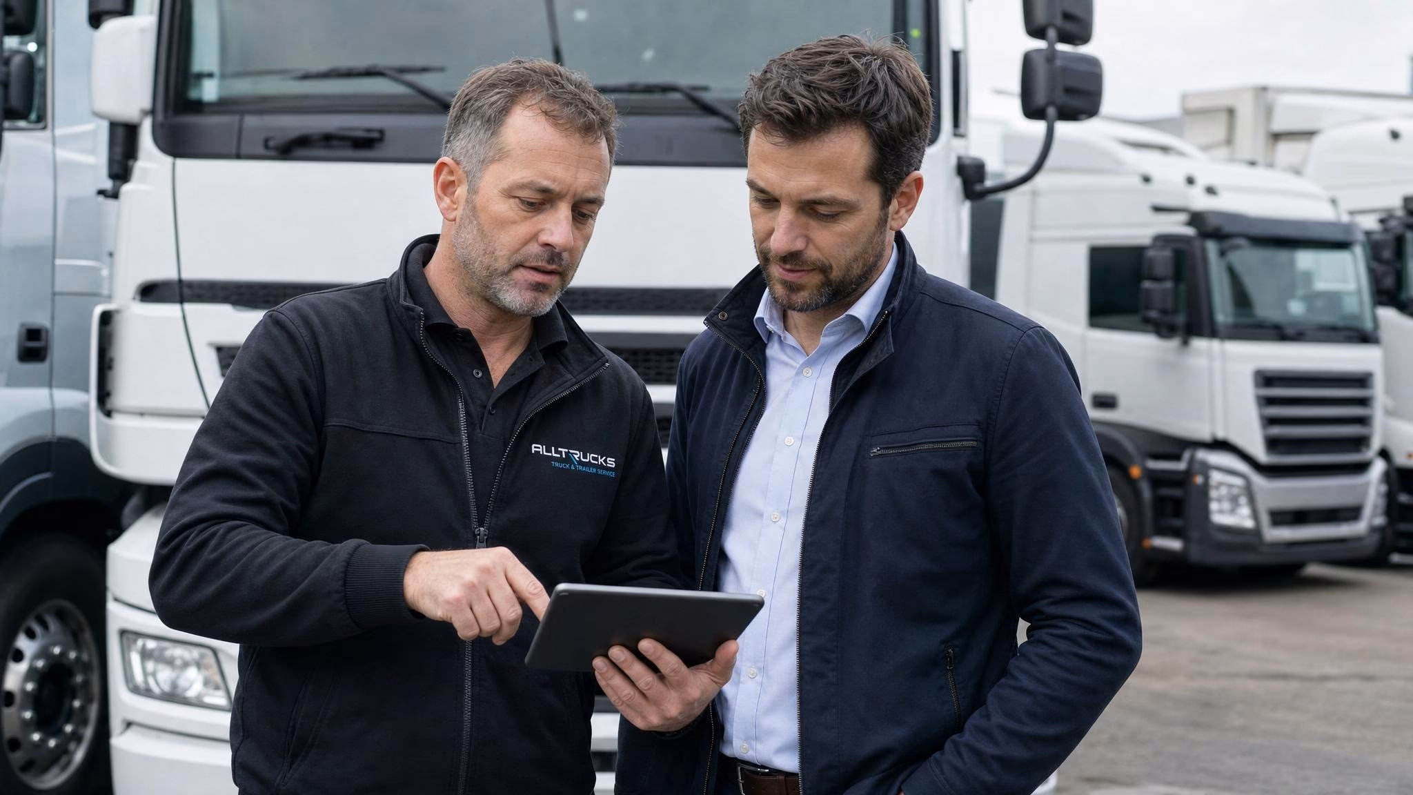 Werkstattmeister im Halbprofil zwischen zwei parkenden Lkw, prüft mit Klemmbrett im Gehen, dunkelblauer Coverall, generische unbeschriftete Trucks