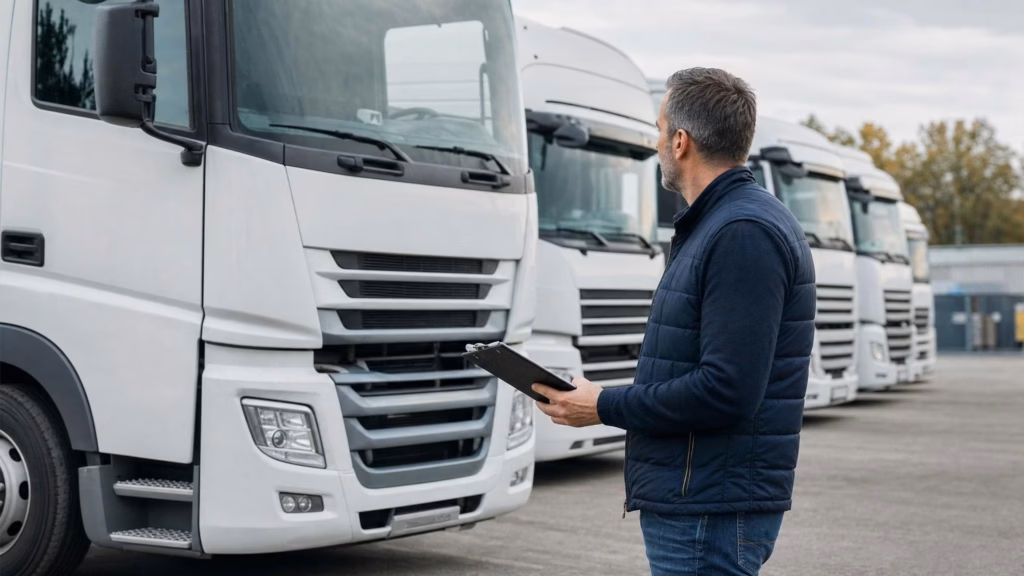 Fuhrparkleiter im Halbprofil auf dem Hof zwischen geparkten Lkw, Klemmbrett in der Hand