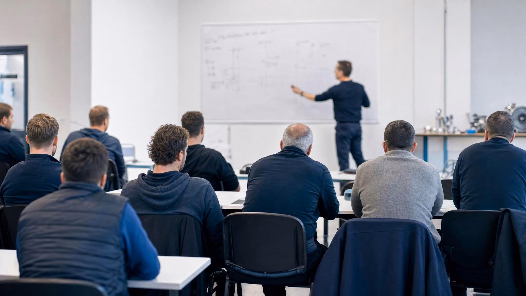 Schulungsraum mit Werkstatt-Crew von hinten, Trainer am Whiteboard mit handschriftlichen Notizen unscharf