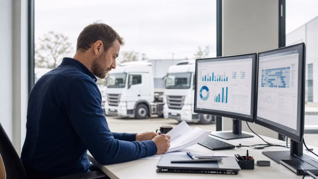 Flottenmanager analysiert Kostenstrukturen eines NFZ-Fuhrparks am Arbeitsplatz