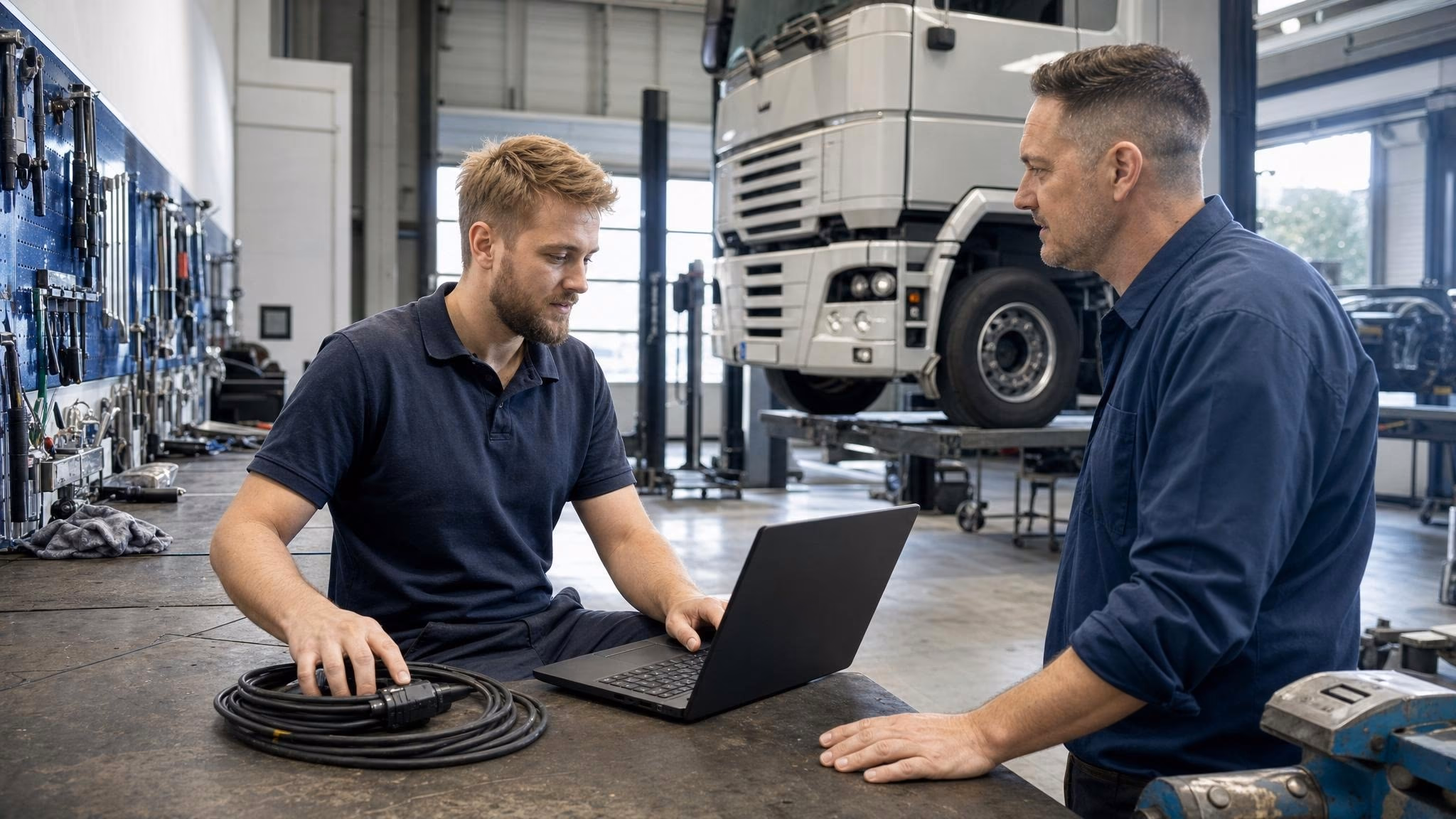 Mechaniker arbeitet an Werkbank mit aufgerolltem Diagnosekabel und Notebook, um Zugriff auf geschützte
