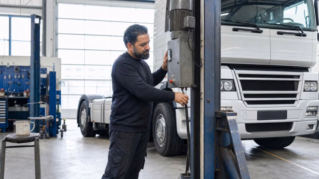 NFZ-Techniker überprüft Hebebühne vor Sattelzug-Heben in der Werkstatt.