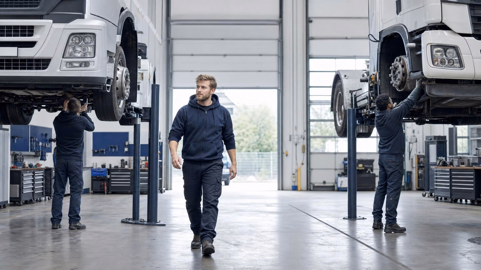 Mechaniker arbeiten parallel unter zwei Lkw auf benachbarten Säulenhebebühnen in einer NFZ-Werkstatt.