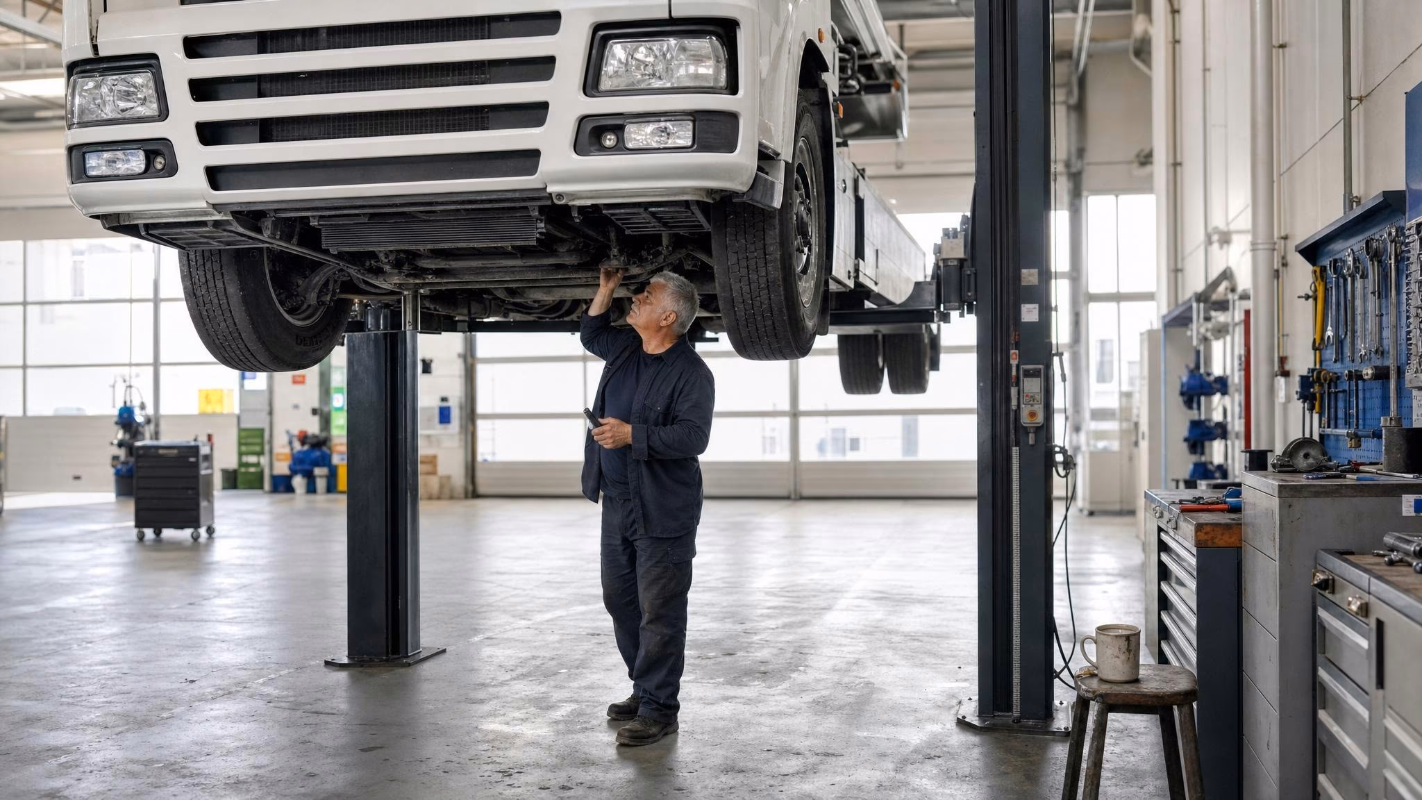 Mechaniker prüft Vorderachse eines auf Säulenhebebühne angehobenen Lkws.