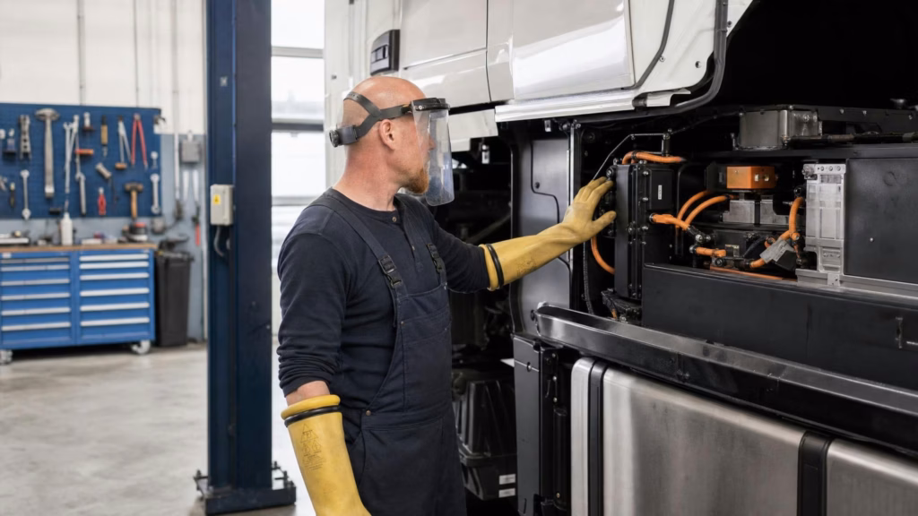 NFZ-Techniker trennt vorsichtig das Batteriesystem eines E-Lkw auf einer Hebebühne in einer hellen Werkstatt.