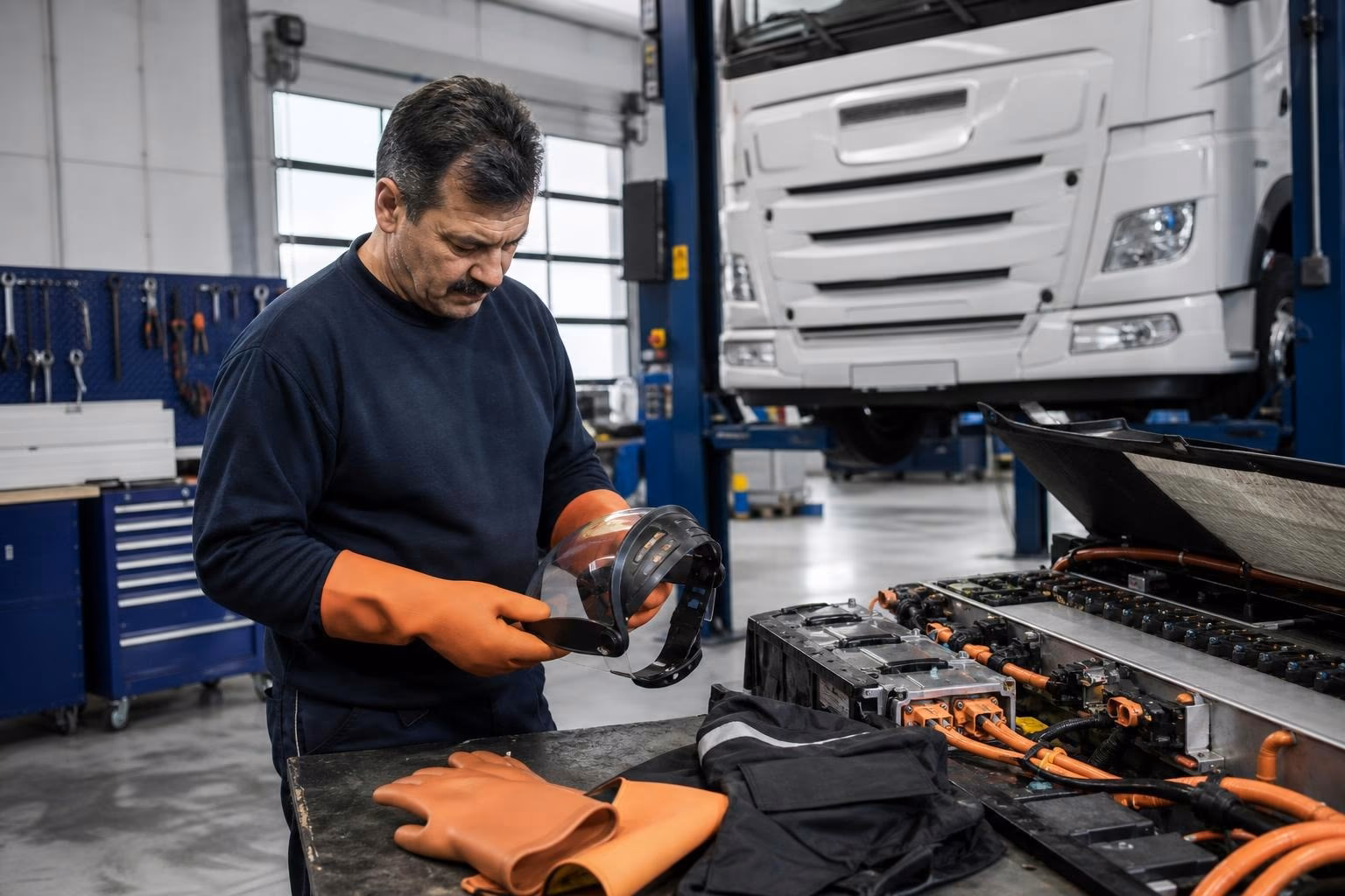 NFZ-Techniker überprüft konzentriert das Batteriesystem eines E-Lkw auf einer Hebebühne in einer Werkstatt.