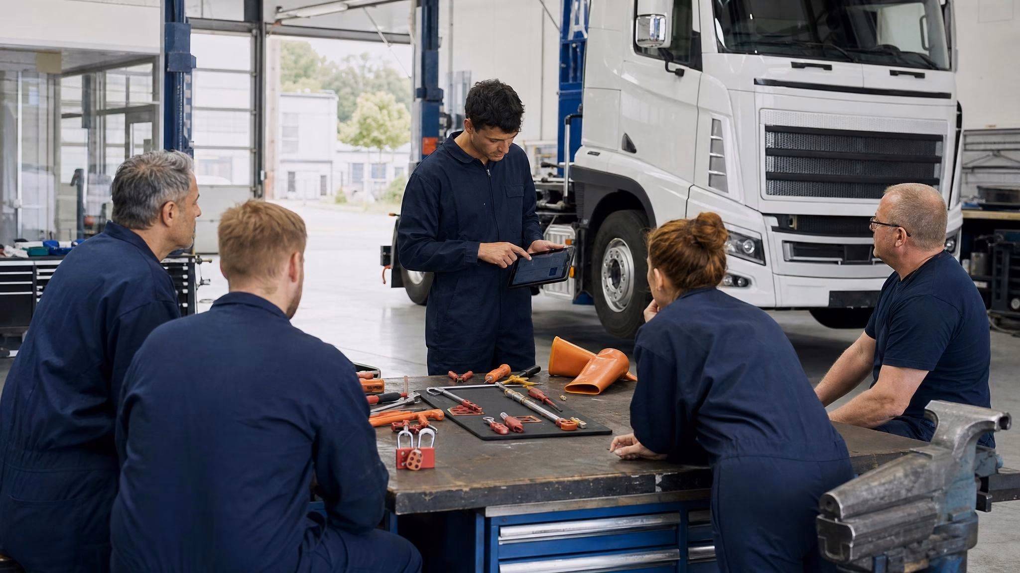 HV-Trainer hält Sicherheits-Briefing vor Werkstatt-Team an Werkbank mit isolierten Werkzeugen und orangenen
