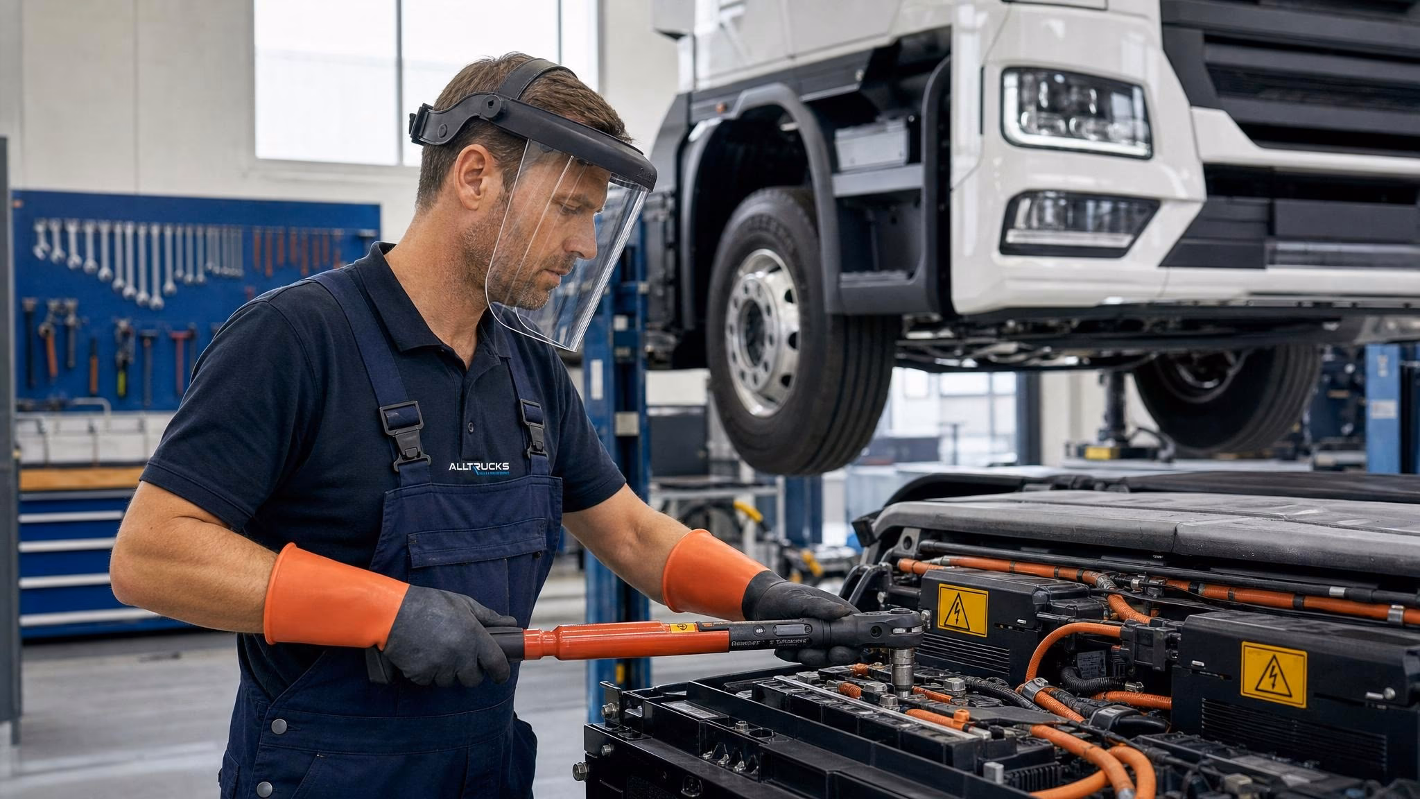 HV-Techniker hält isolierten Drehmomentschlüssel am Batteriesystem eines E-Lkw auf einer Hebebühne.