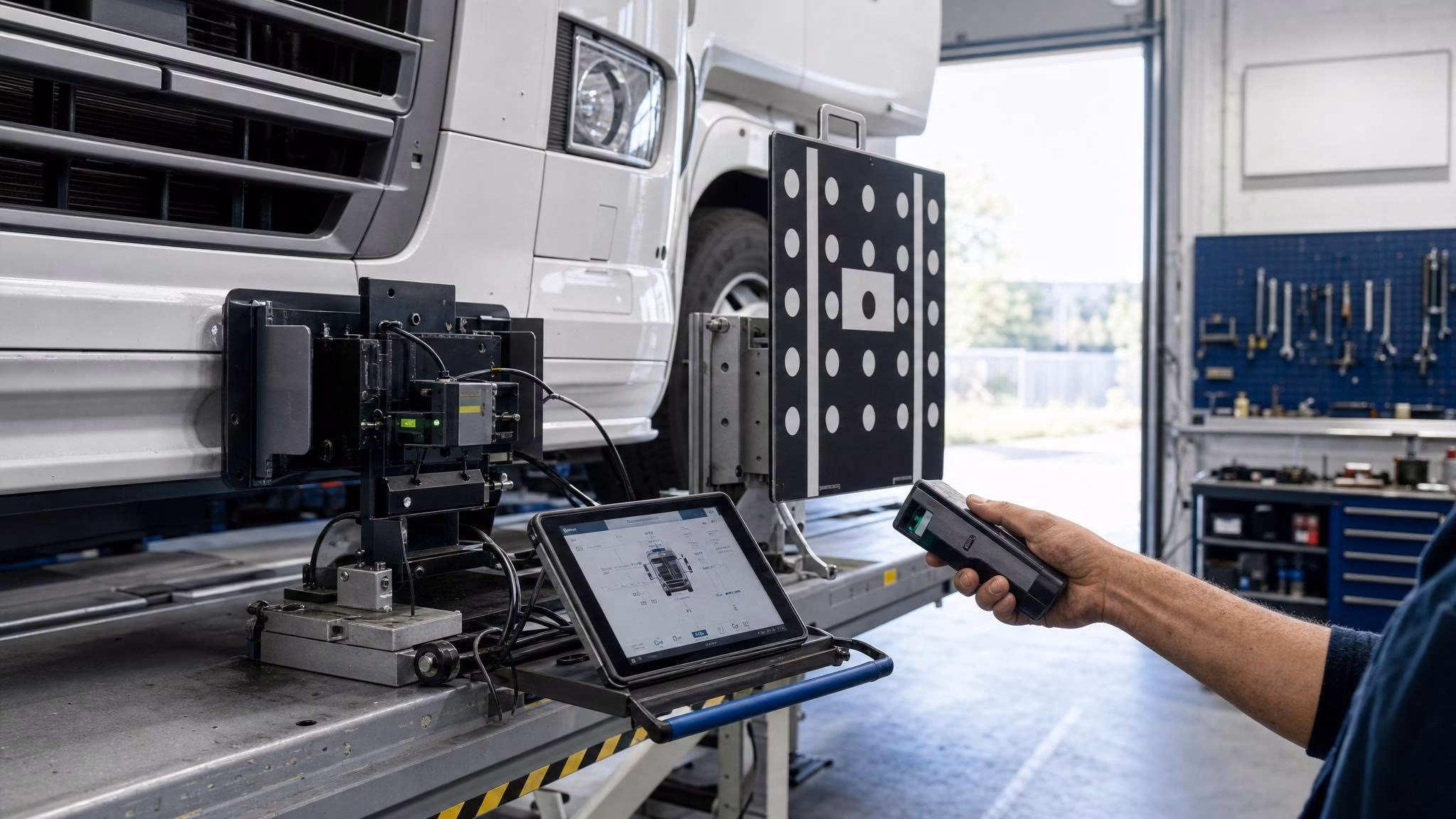 Techniker kalibriert ADAS-Sensor am Lkw-Fahrerhaus auf Hebebühne mit Lasermessgerät und Tablet.