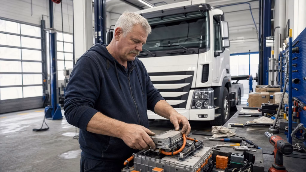 Werkstattleiter prüft HV-Systeme an einer Werkbank in einer modernen Lkw-Werkstatt.