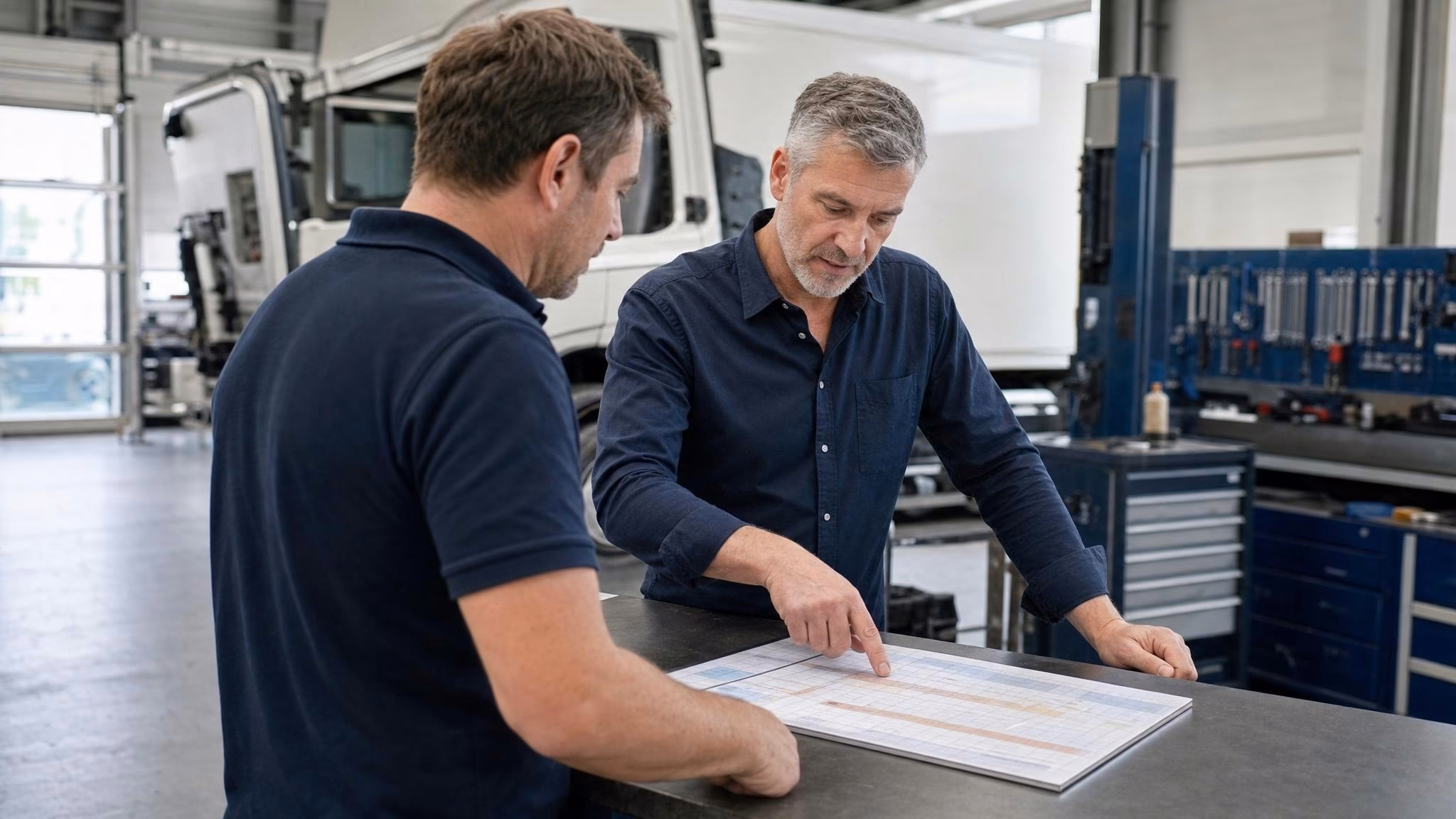Werkstattmeister koordiniert mit Disponent Aufträge an Annahmetresen in moderner Lkw-Werkstatt.