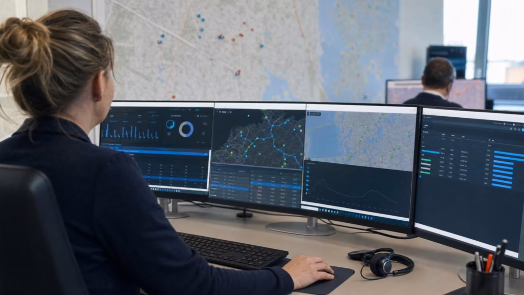 Disponent am Multi-Monitor-Setup mit Live-KPI-Dashboard für Lkw-Flotte