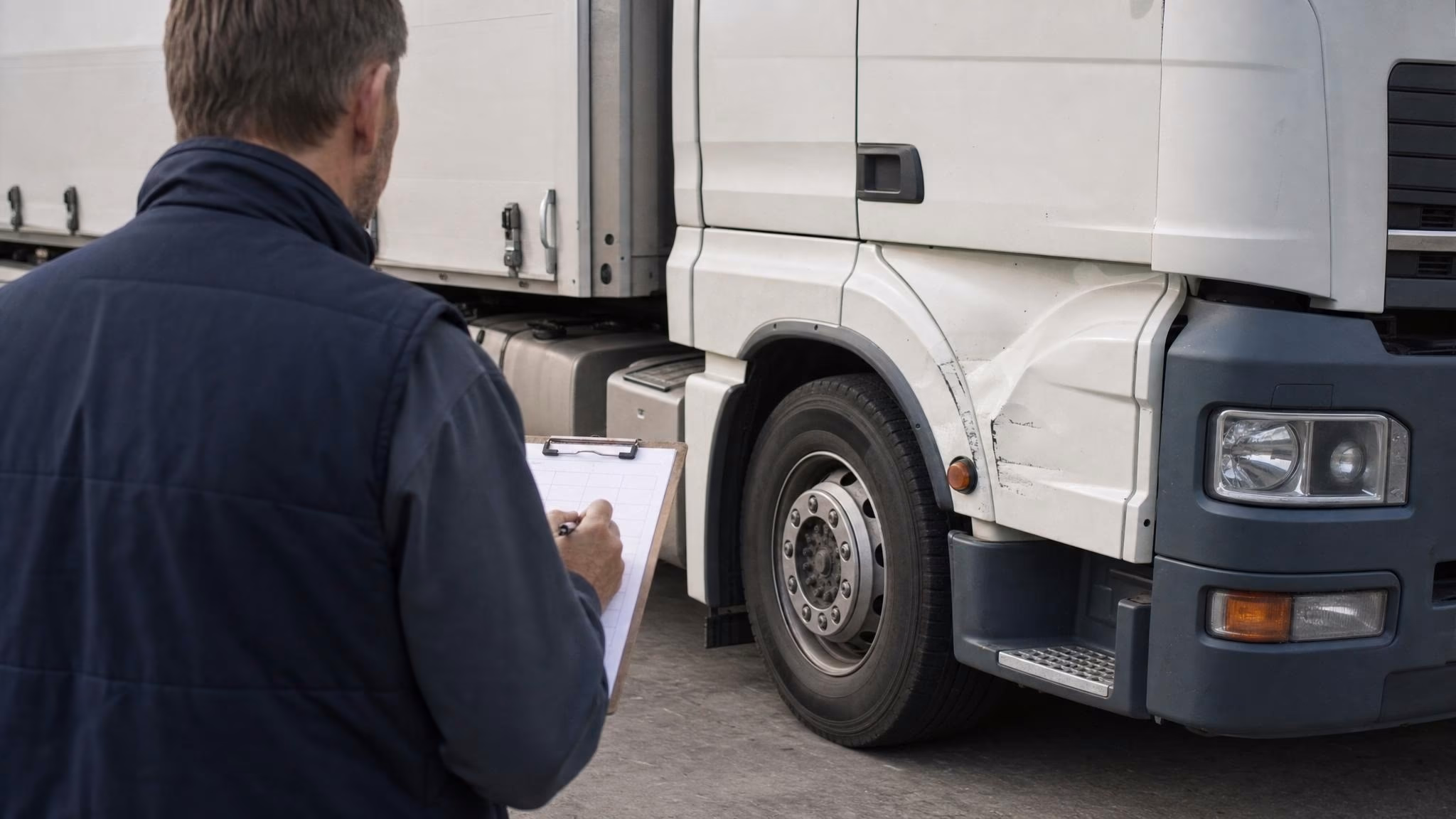 Disponent von hinten mit Klemmbrett notiert Schadensaufnahme vor leichter Beule am Kotflügel eines Lkw