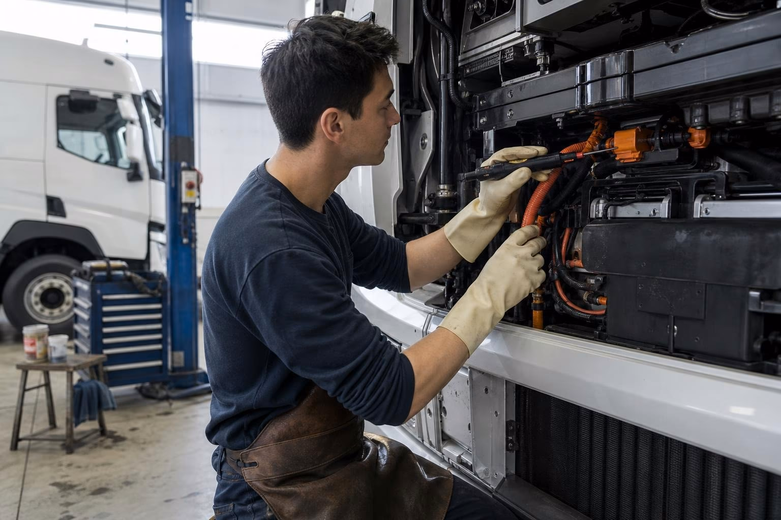 Behandschuhte Hände setzen einen Spannungsprüfer an einem orangenen Hochvolt-Kabel an, Detail-Nahaufnahme ohne lesbare Anzeigen