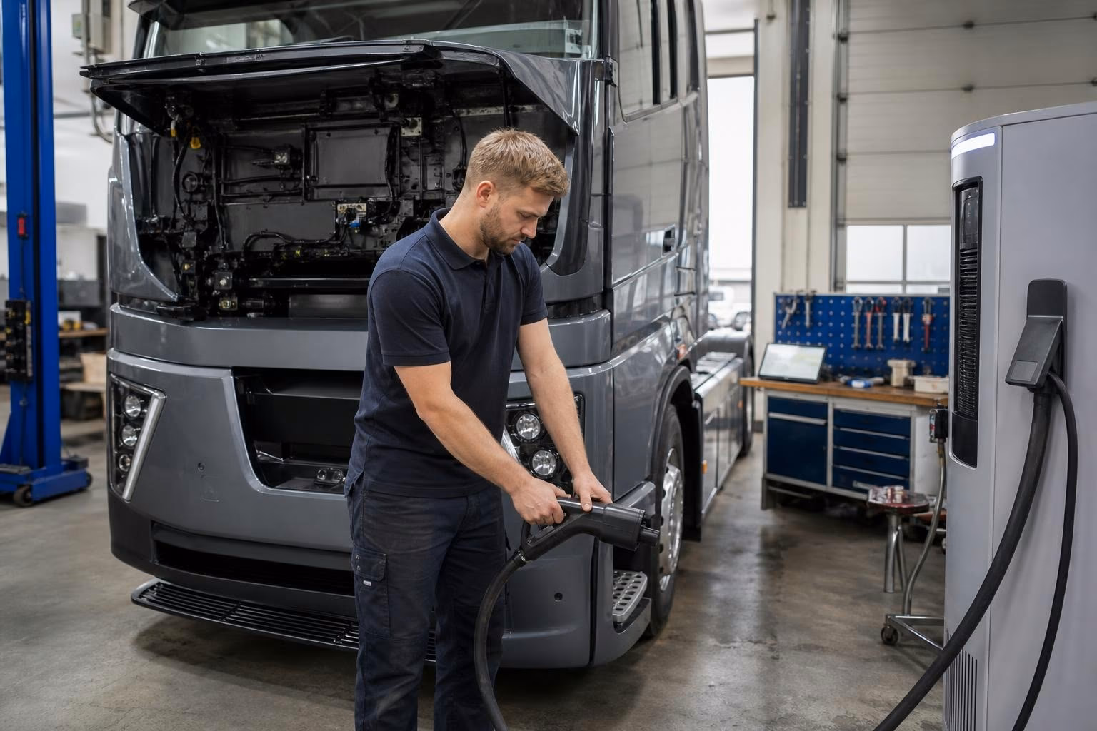 DC-Ladesäule auf einem Werkstatthof neben einem generischen Lkw, Mechaniker im Halbprofil setzt den Ladestecker an