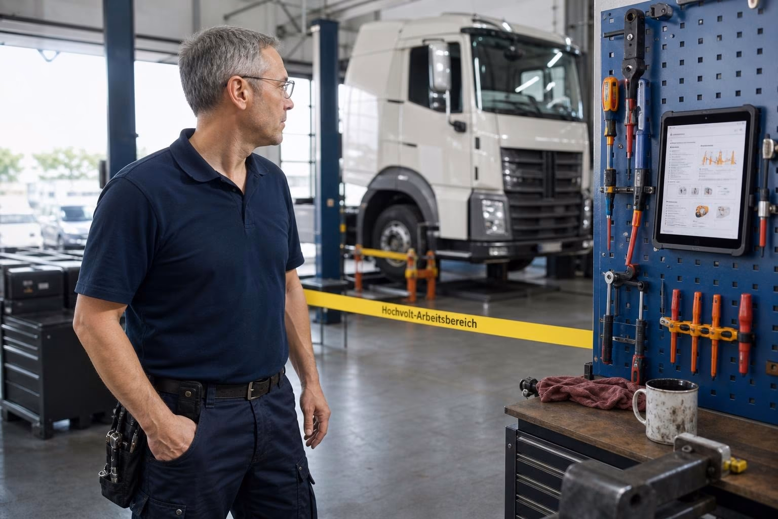 Mechaniker im Halbprofil im Hallenrundgang, im Hintergrund neu eingerichteter Hochvolt-Arbeitsbereich mit abgesperrter Lkw-Bühne