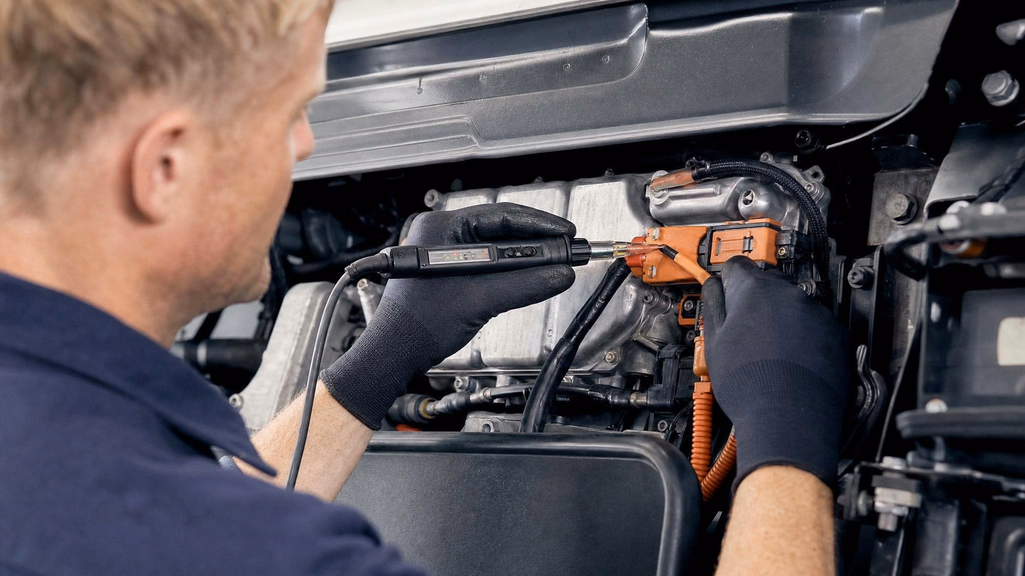 Werkstattwand mit isolierten Hochvolt-Werkzeugen, Spannungsprüfer und orangenen Schutzhandschuhen, Detailaufnahme
