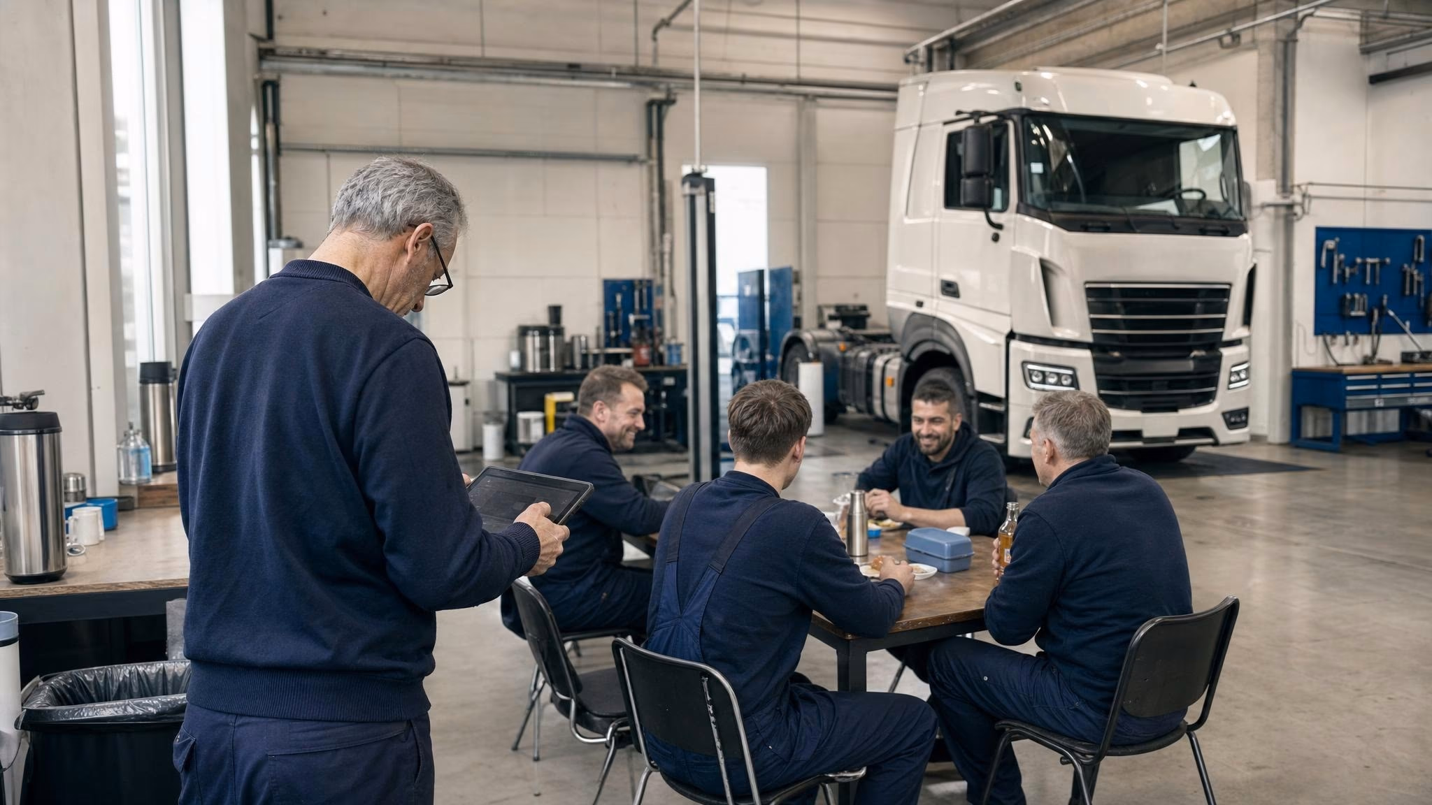 Werkstatt-Sozialraum mit Pausenbereich, Crew in dunkelblauen Coveralls von hinten am Tisch