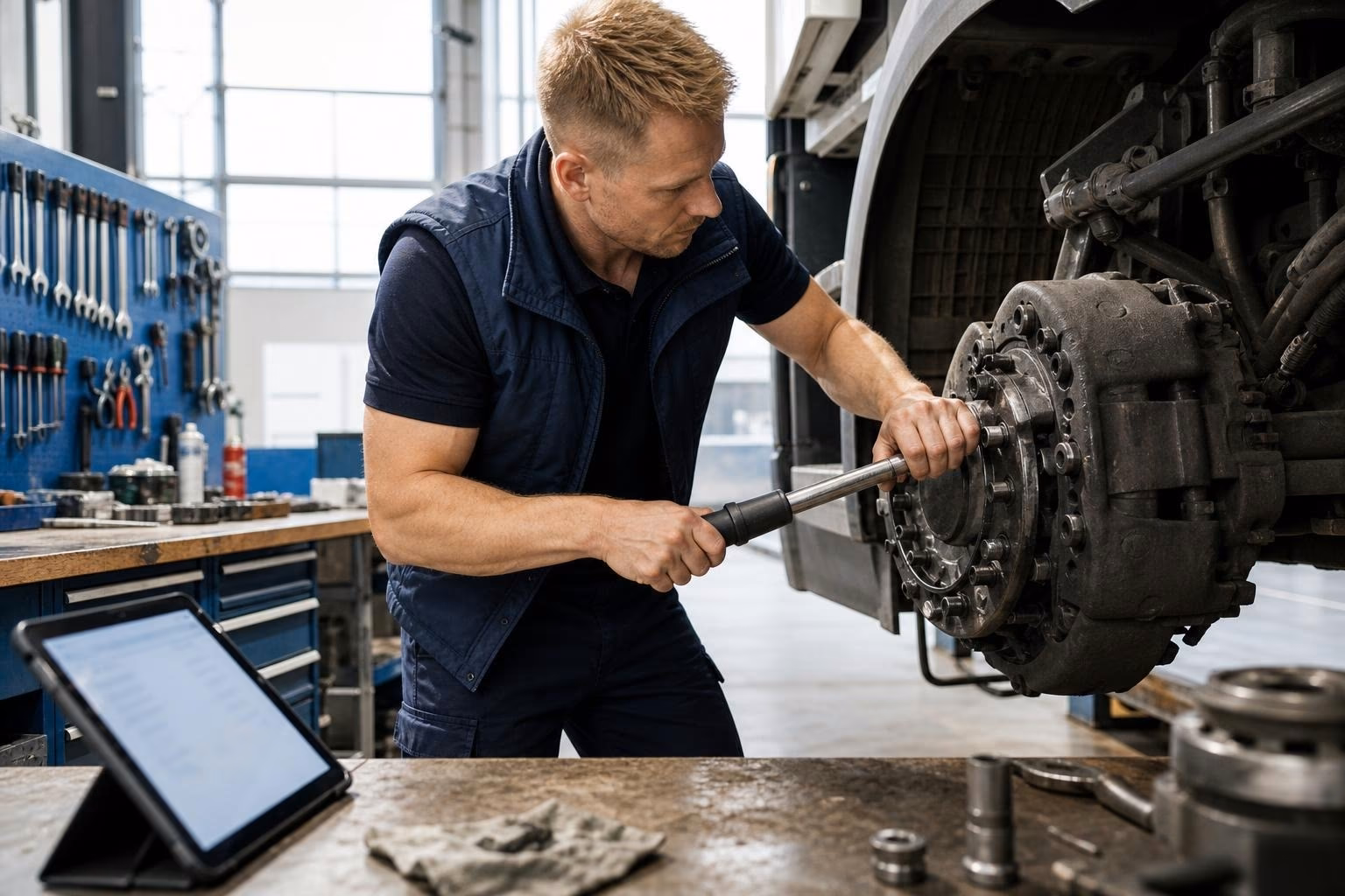 Hände-Nahaufnahme am Bremssattel einer Lkw-Achse, Drehmomentschlüssel wird angesetzt, Bremsscheibe und Sattelträger im Fokus, dunkelblaue Coverall-Ärmel