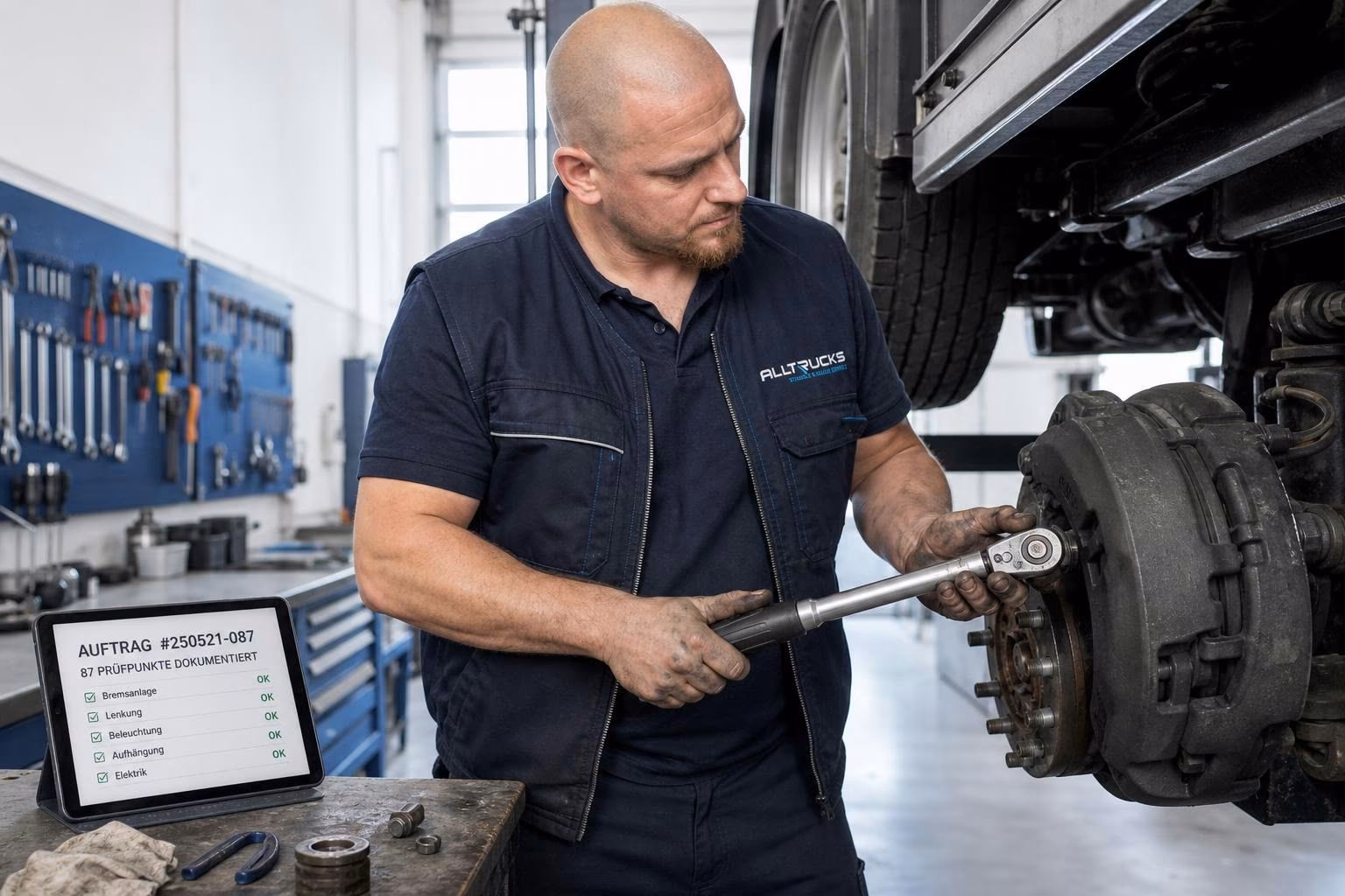 Werkstattmeister mit Klemmbrett steht am fertig gewarteten generischen Lkw, schreibt von Hand einen Eintrag ins Wartungsheft, Halbprofil von hinten, dunkelblaue Coverall