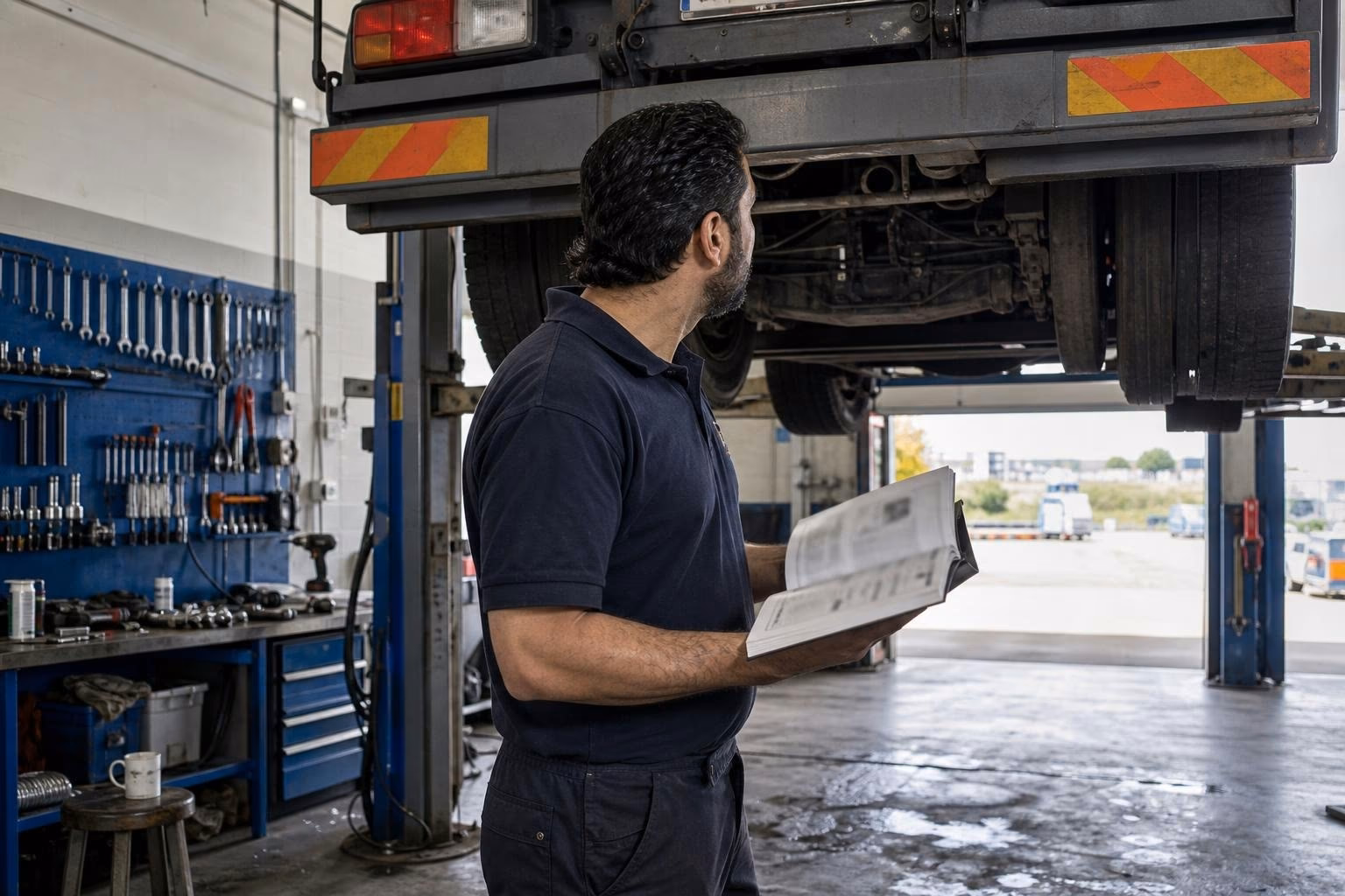 Mechaniker auf Hebebühne unter Lkw mit aufgeschlagenem Werkstatt-Handbuch in der Hand, Papierseiten unscharf, dunkelblaue Coverall, Halbprofil von hinten