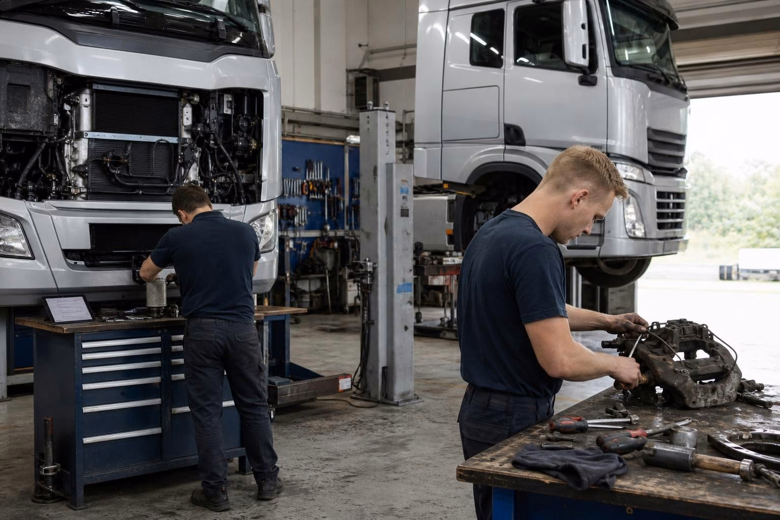 Werkstatt-Übersicht mit zwei generischen Lkw auf benachbarten Hebebühnen, links routinemäßige Wartungsarbeit am Ölfilter, rechts Reparatur an demontiertem Bremssattel, Mechaniker in dunkelblauer Coverall im Halbprofil